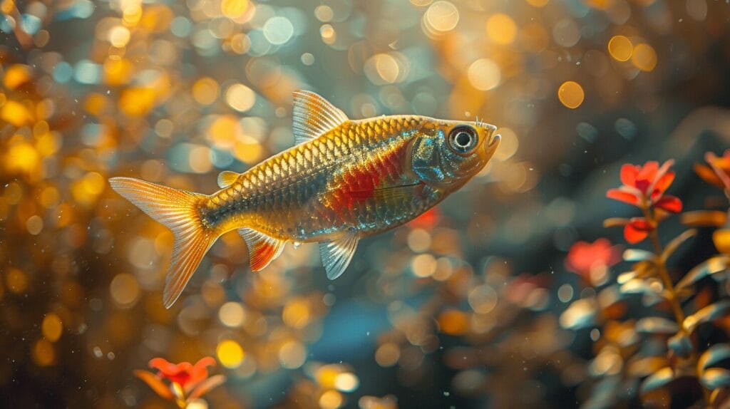 A neon tetra with a swollen abdomen