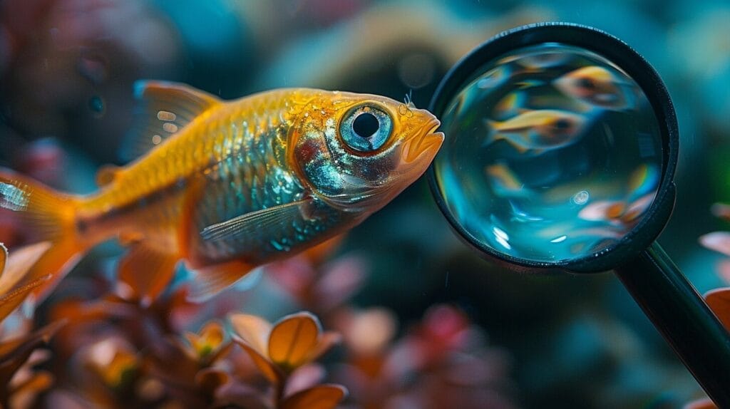 A veterinarian examining a neon tetra's swim bladder