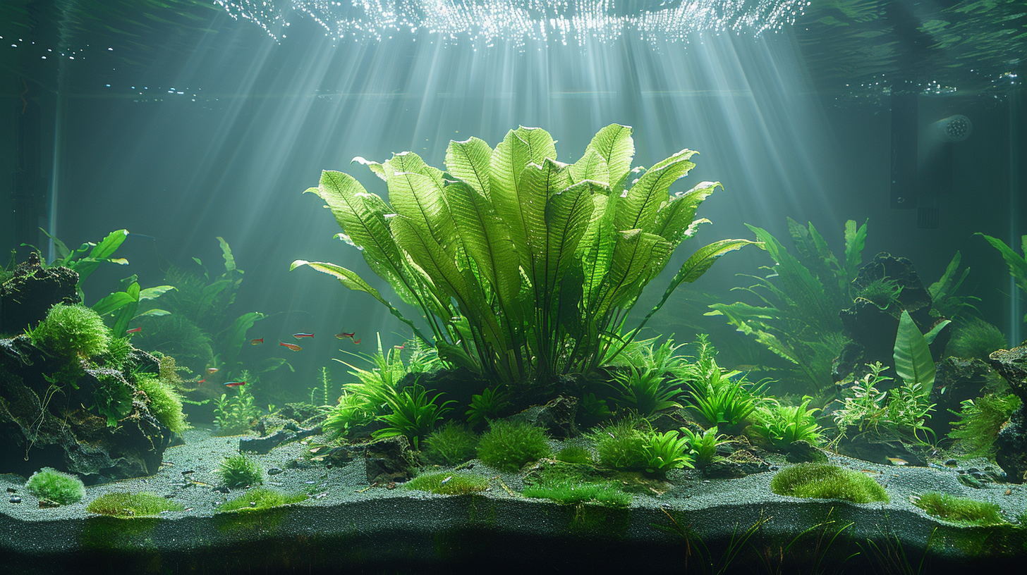 Amazon Sword plant with green leaves partially above water in a vibrant aquarium.