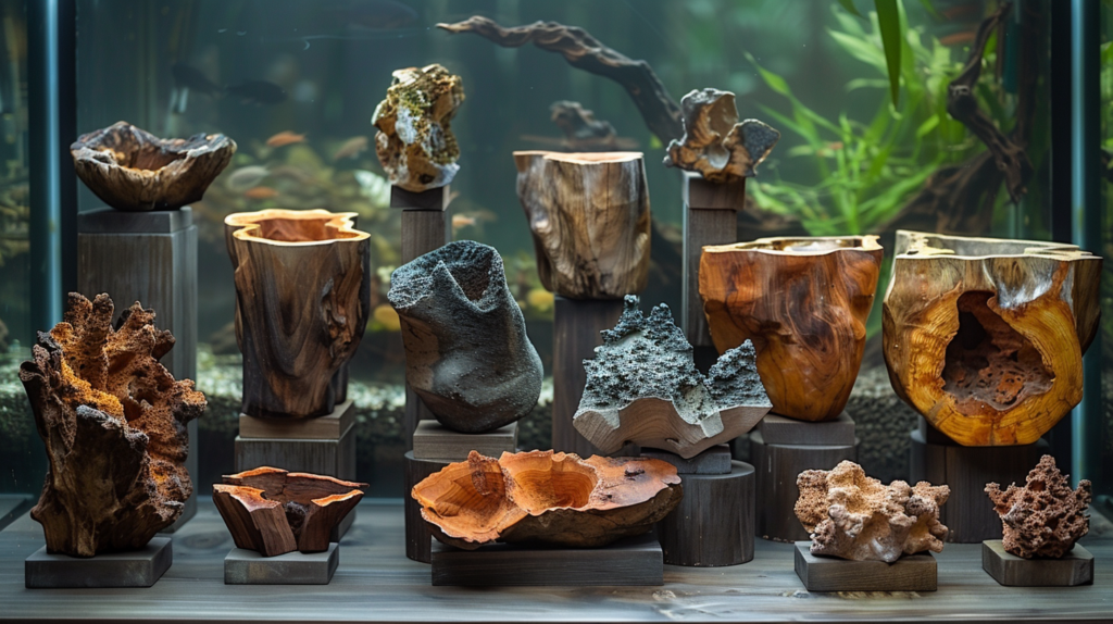 Assorted bog wood pieces on table with aquarium background.