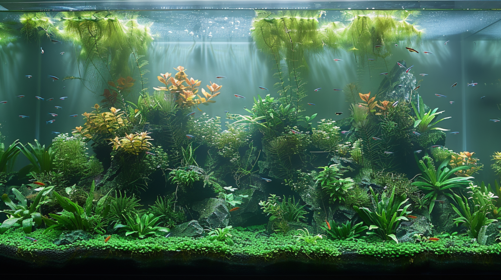 Decorated aquarium with plants, fish, and bog wood.