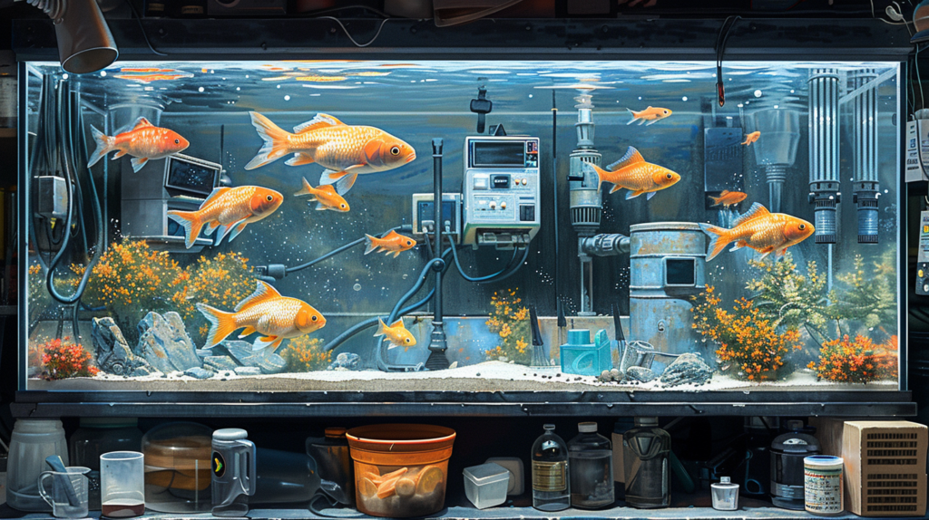 Detailed illustration of a fish tank maintenance setup with tools and a person checking the filter.