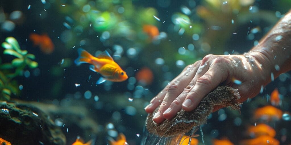 Hand scrubbing aquarium walls, clear water, healthy fish.