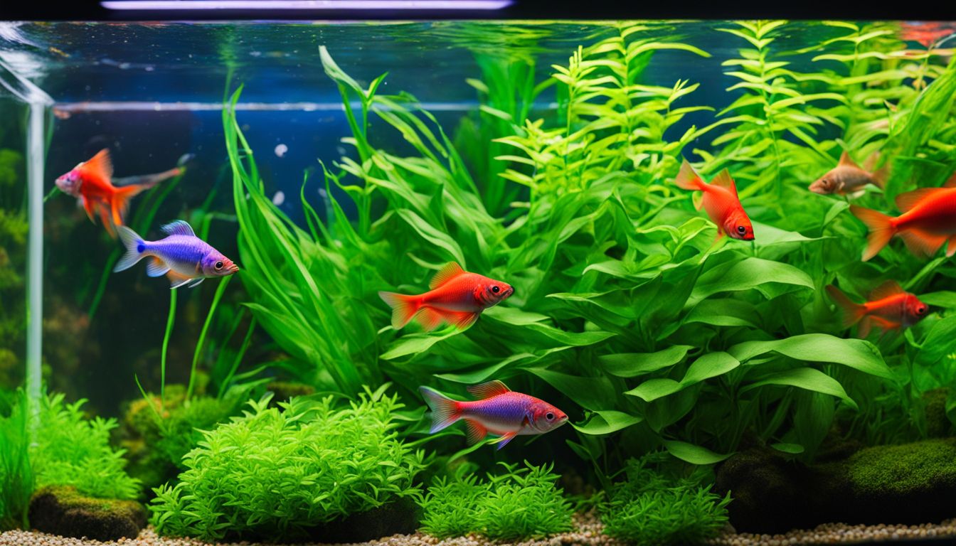 A vibrant 5-gallon aquarium with neon tetras and live plants.