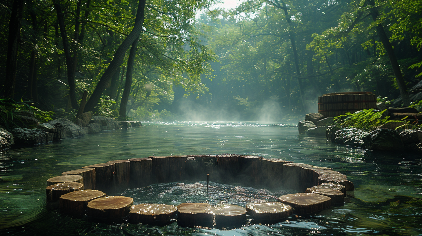 A circular hot spring with wooden edges in the middle of a forest, surrounded by trees and mist, much like a serene haven where you might ponder how to cure wood for an aquarium.