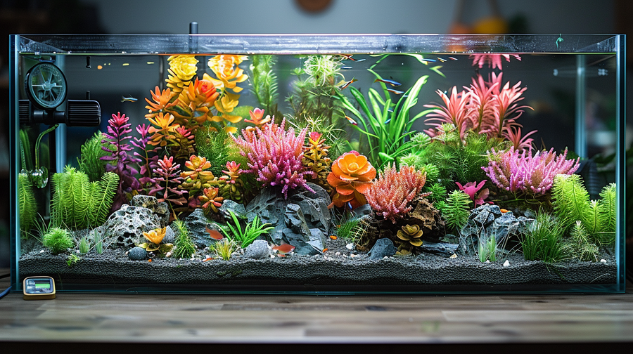 A clear glass aquarium filled with colorful artificial plants, rocks, and a gravel substrate—just make sure to calculate how many pounds of gravel for a 10-gallon tank—placed on a wooden surface.