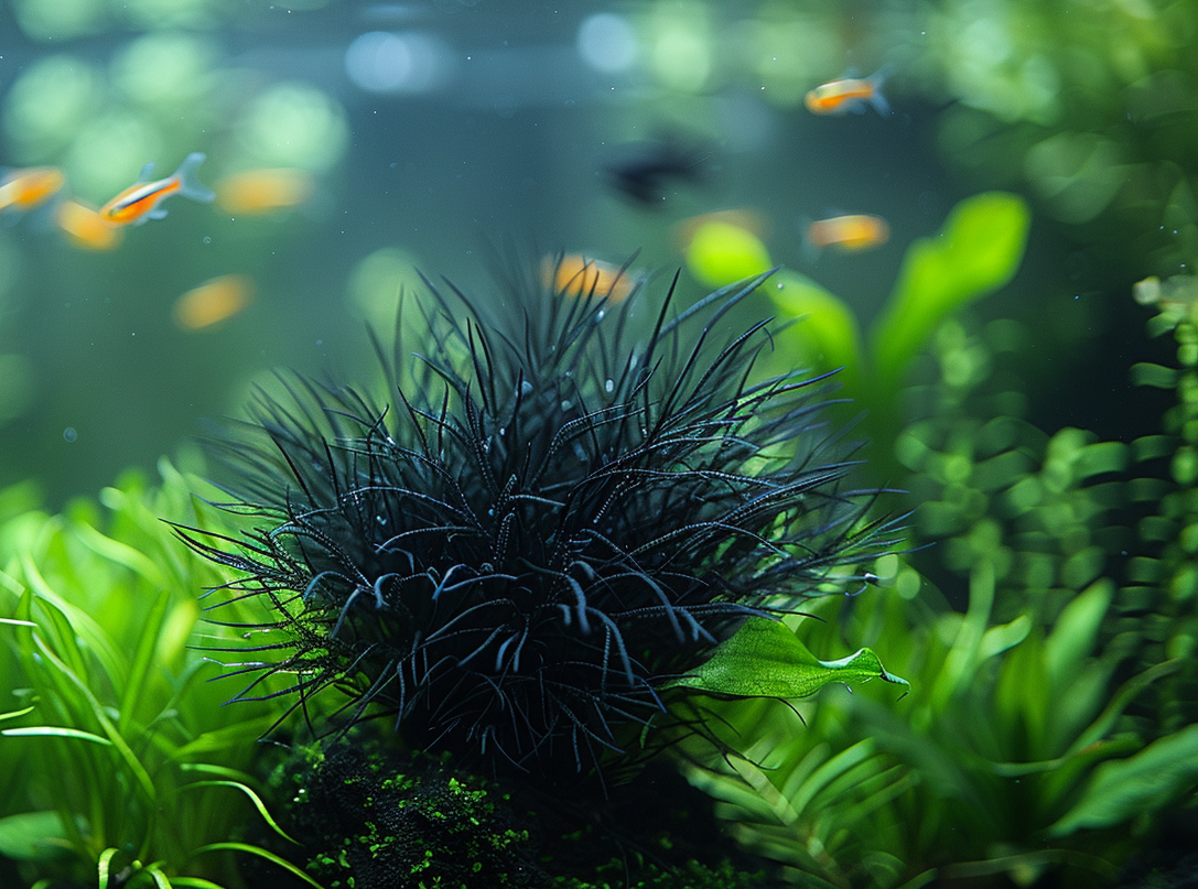 A close-up of a black sea urchin in an aquarium, surrounded by green aquatic plants showing signs of black beard algae, with small orange fish swimming in the background.