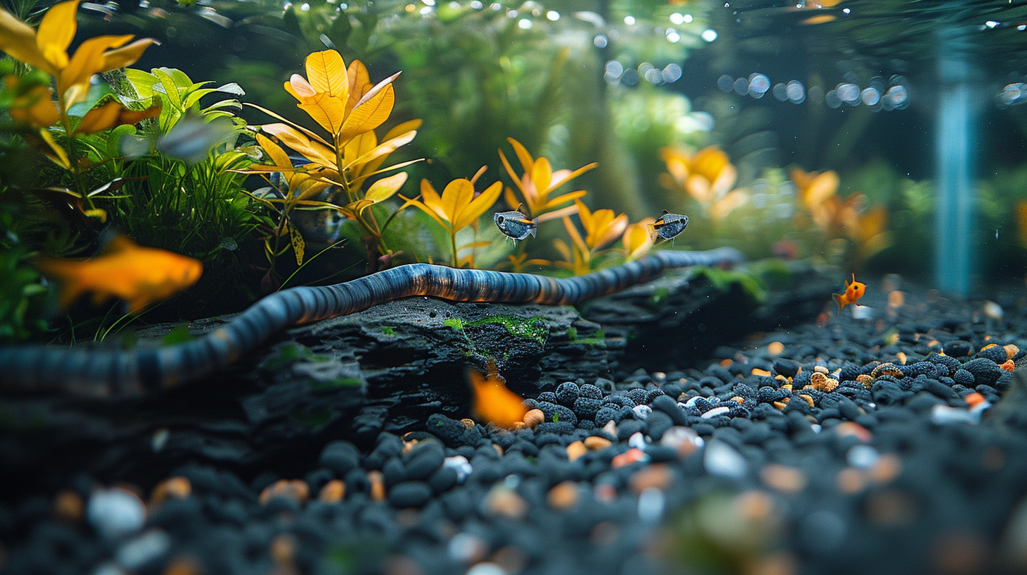 A close-up of an aquarium with colorful fish, orange plants, and a long, striped aquatic creature, possibly a fish or eel, resting on a gravel substrate surrounded by black worms in the fish tank.