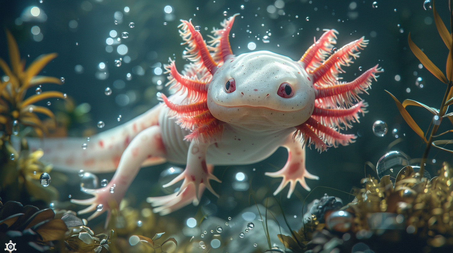 A close-up underwater image of a white axolotl with pink gills floating among aquatic plants, surrounded by bubbles—can you handle axolotls?