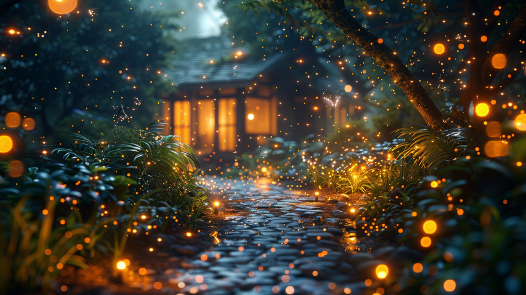 A cobblestone path surrounded by lush greenery and illuminated by fireflies and tiny bugs that jump leads to a cozy, lit-up cabin in a forest setting.
