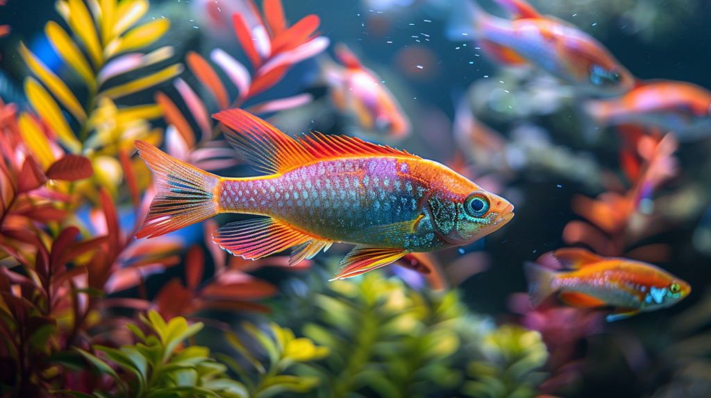 A colorful fish with bright red and blue patterns swims among vibrant aquatic plants in an aquarium. Other similar paradise fish are seen in the background, creating a harmonious scene of potential tank mates.