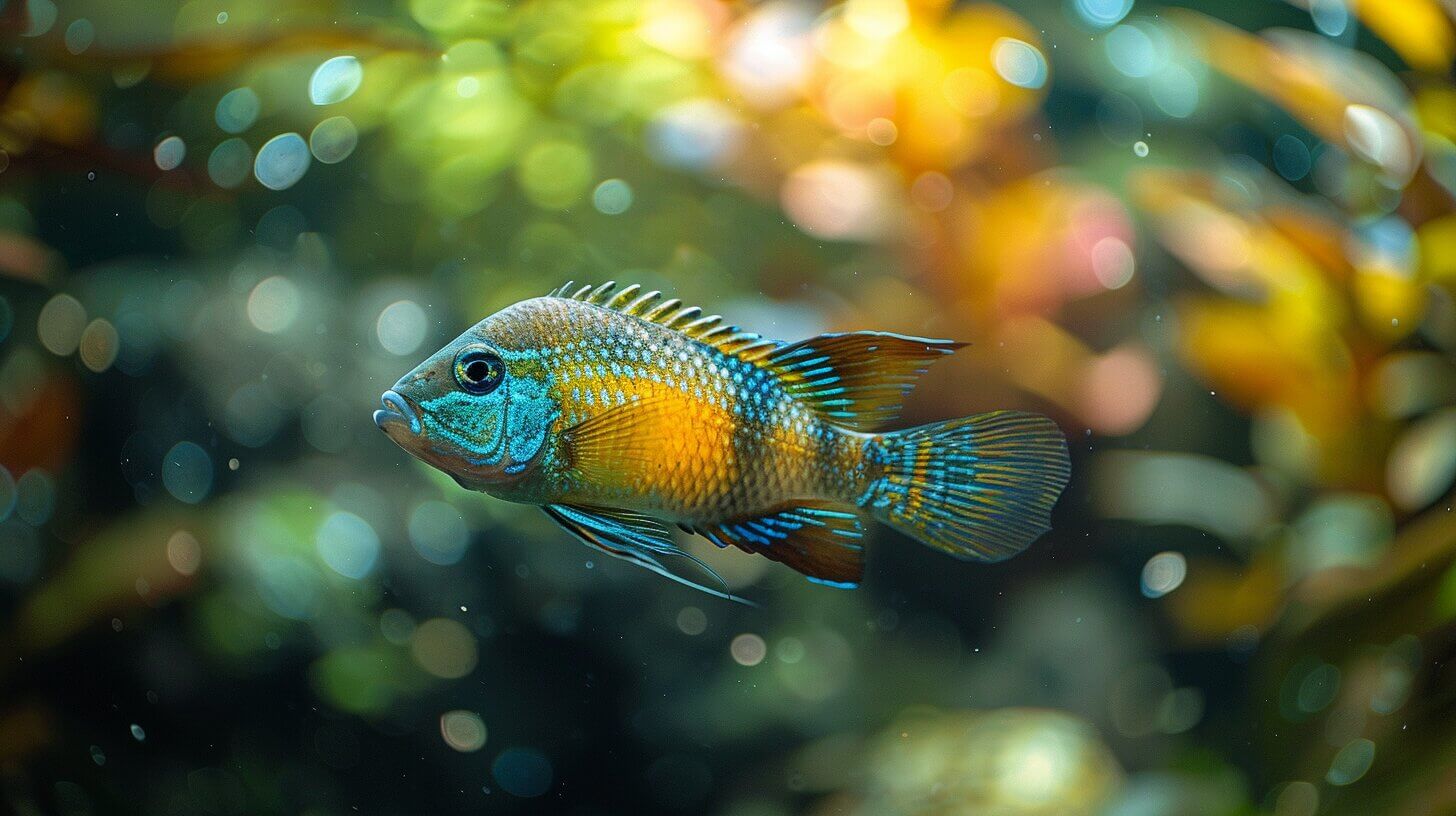 A colorful Green Terror Cichlid with vibrant blue and orange patterns swims gracefully in a blurred, bokeh-lit aquatic environment, showcasing its impressive size.