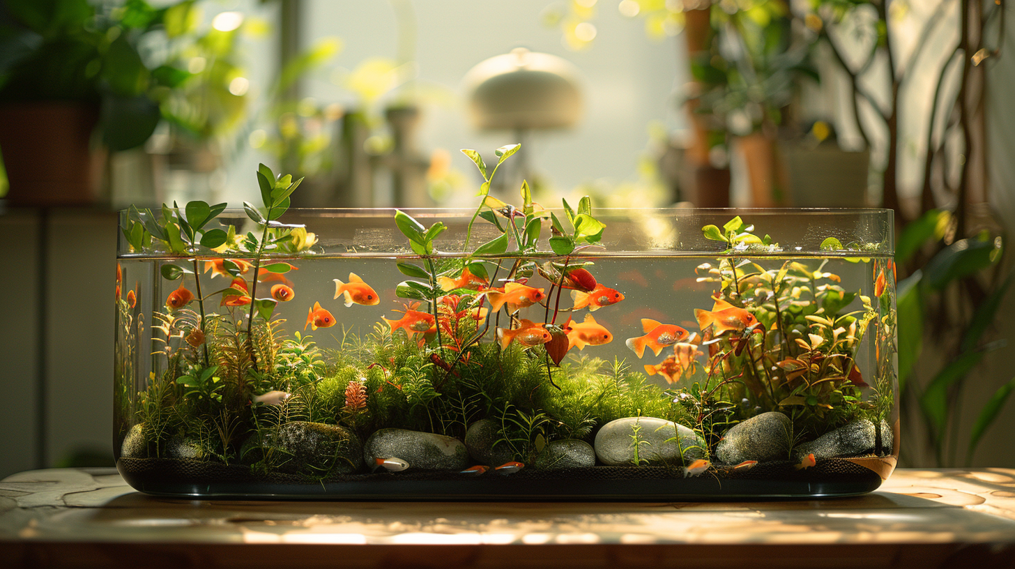 A filterless fish tank with orange fish, green plants, rocks, and a few small fish is positioned in a sunlit room with blurred plants in the background.
