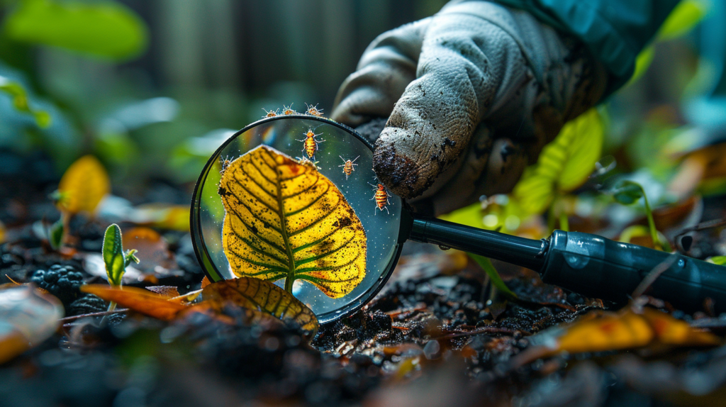 A gloved hand holds a magnifying glass over a leaf on the forest floor, focusing on several tiny bugs that jump around the leaf.
