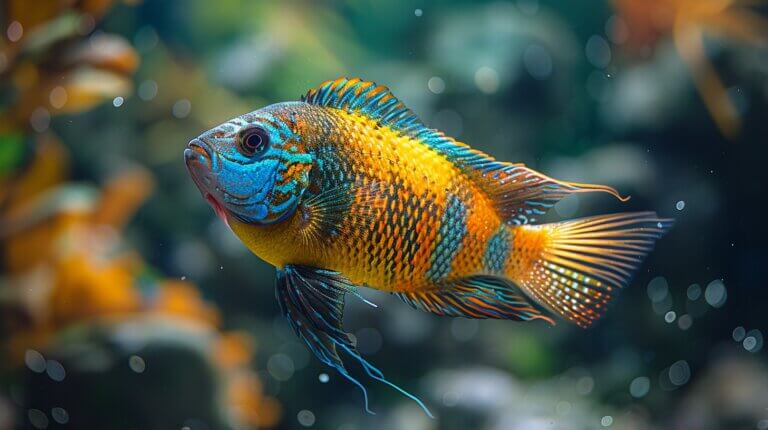 A Green Terror Cichlid of impressive size, adorned in vibrant colors, gracefully swimming in the water.