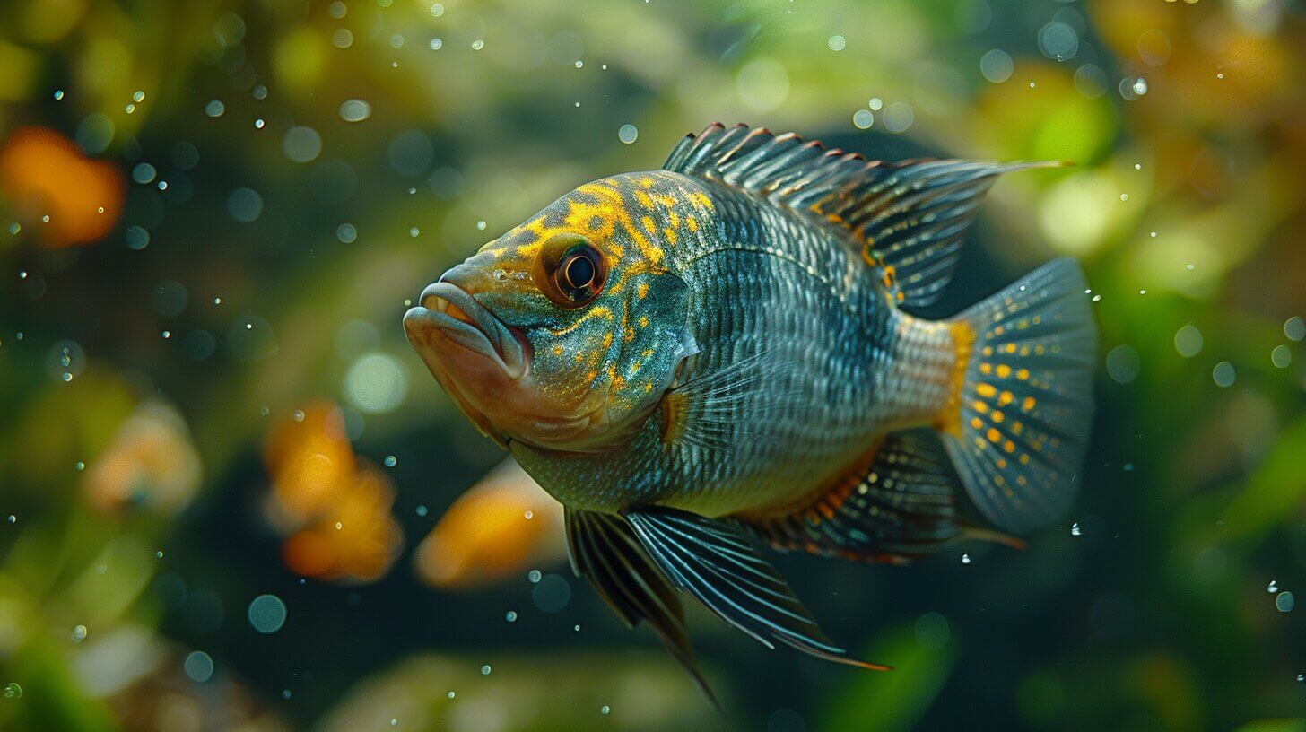 A Green Terror Cichlid, with its vibrant blue and orange pattern, gracefully swims in a freshwater aquarium. Ideal for enthusiasts, this stunning fish can grow to an impressive size, making it a captivating addition to any aquatic setup.