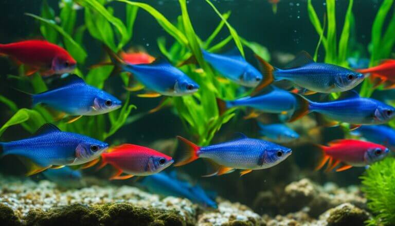 A group of blue and red fish swim among green aquatic plants in a freshwater aquarium, creating a peaceful scene that might lead you to wonder: how many Neon Tetra in a 5-gallon tank would equally thrive?