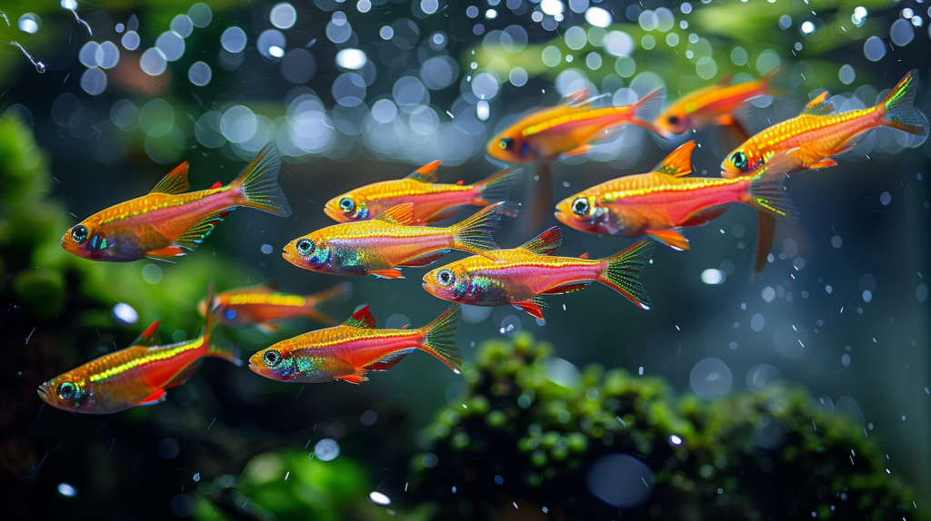 A group of colorful, small Chili Rasbora fish swim together in a freshwater aquarium, thriving in carefully maintained water parameters, surrounded by plants and illuminated by soft, scattered light.