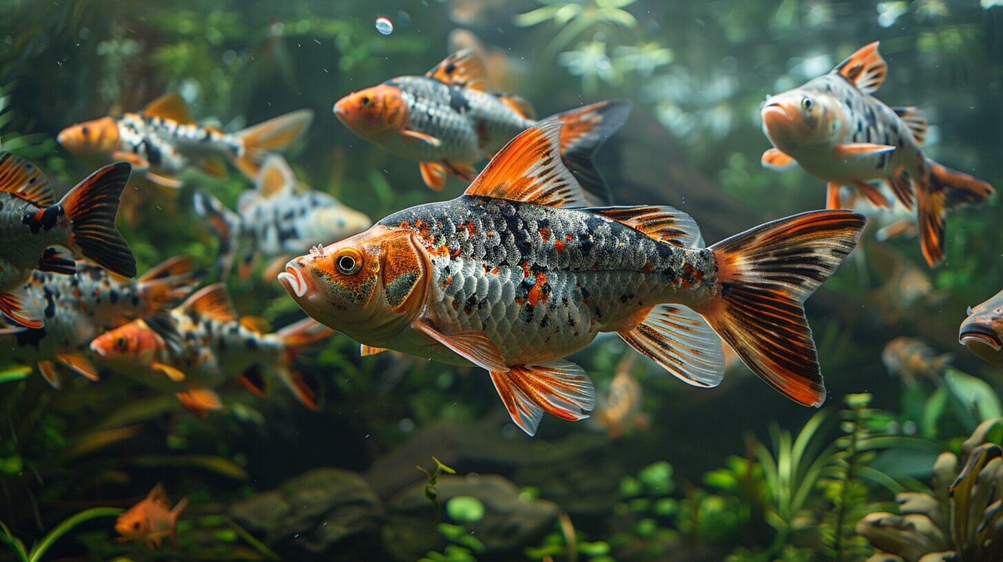 A group of multicolored koi fish swim gracefully in a clear aquarium with aquatic plants and a natural substrate, making it an ideal setup even for large fish for tank environments.