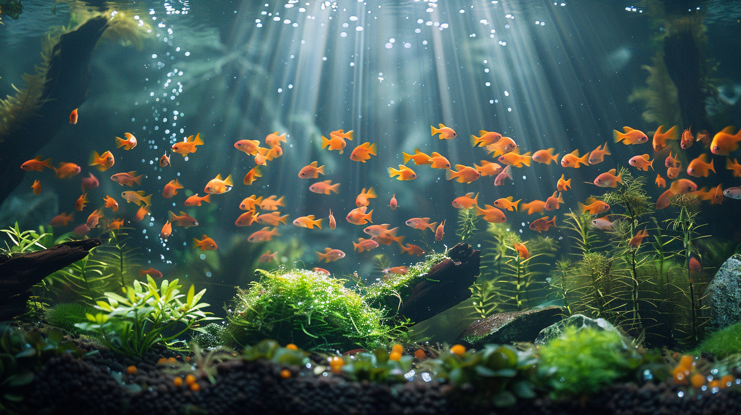 A group of small, bright orange fish swims through an aquascaped, filterless fish tank with green plants and sunlight filtering through the water.