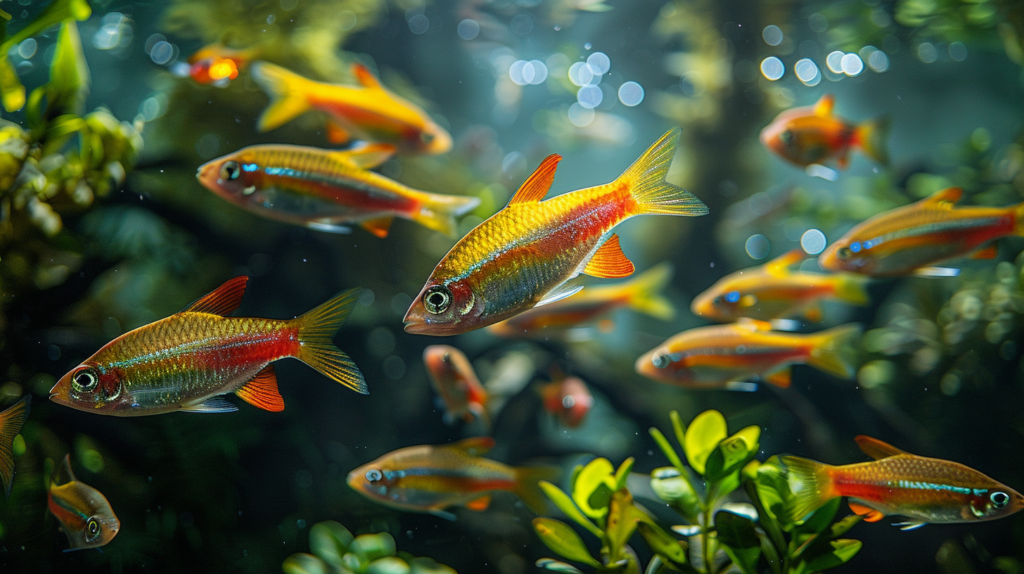 A group of small, brightly colored chili rasbora fish swim gracefully in an aquarium, surrounded by lush plants and blurred lights in the background. The ideal water parameters contribute to their vibrant hues and healthy demeanor.