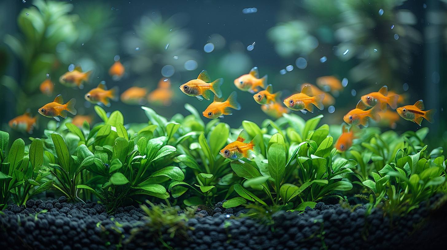 A group of small orange fish swim among lush green plants, with patches of Black Beard Algae adding texture in a clear aquarium.