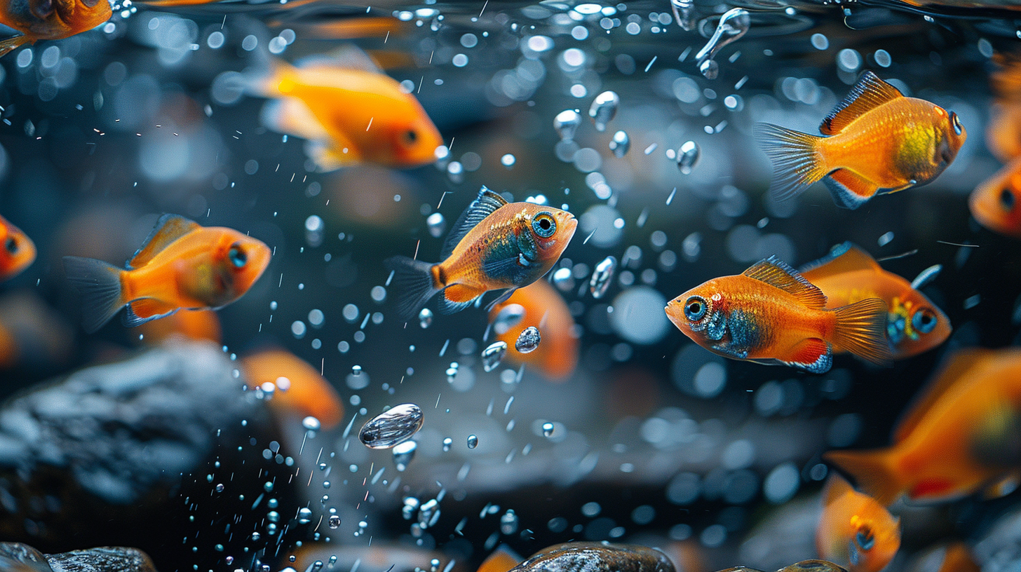 A group of small, orange fish with blue spots swim among bubbles and rocks in a clear aquarium, although the water seems less pristine due to the fish tank filter not working after cleaning.