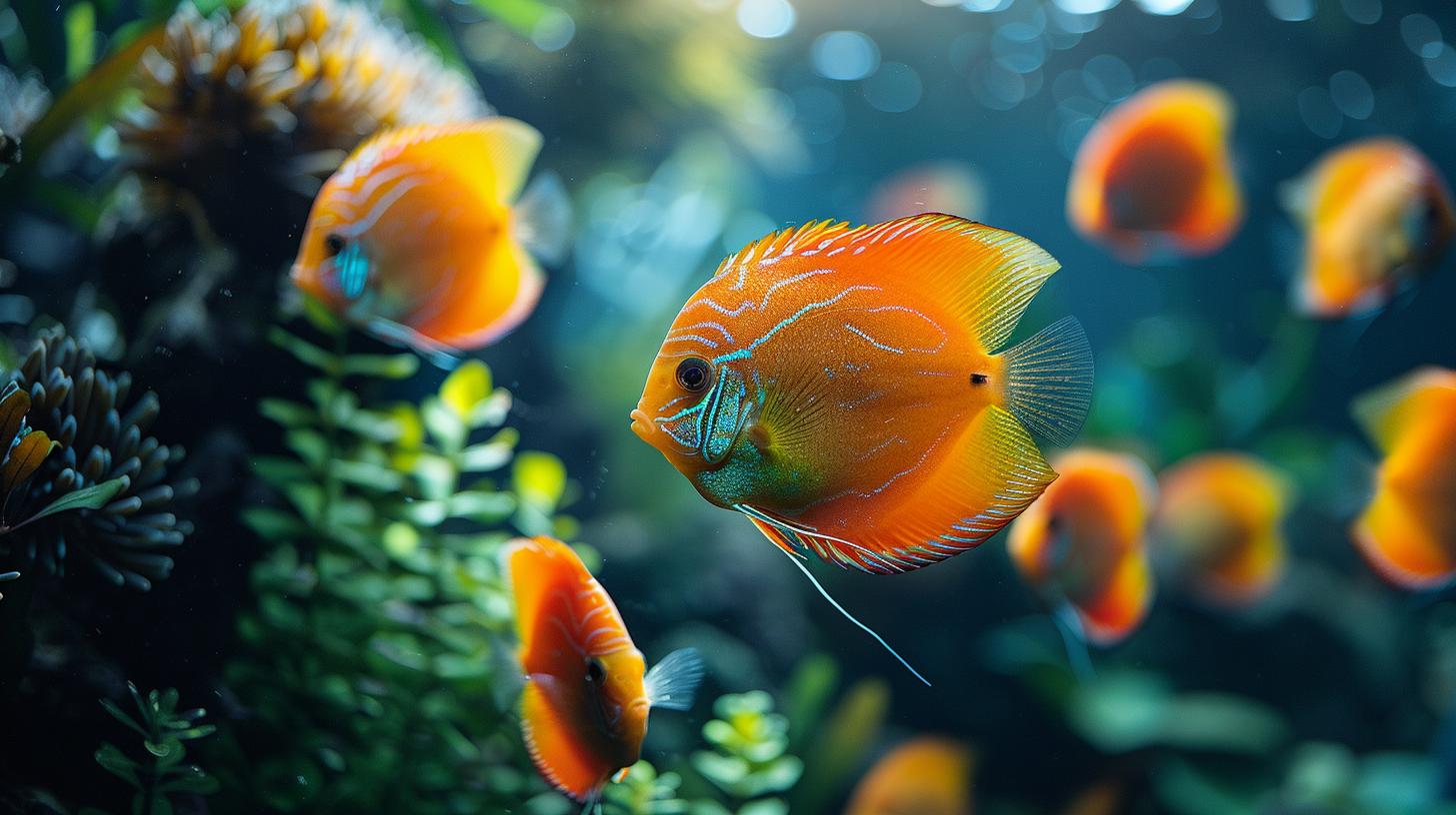 A group of vibrant orange and yellow fish, known for their remarkable ability to regrow fins, swim among green aquatic plants in a well-lit, clear water aquarium.