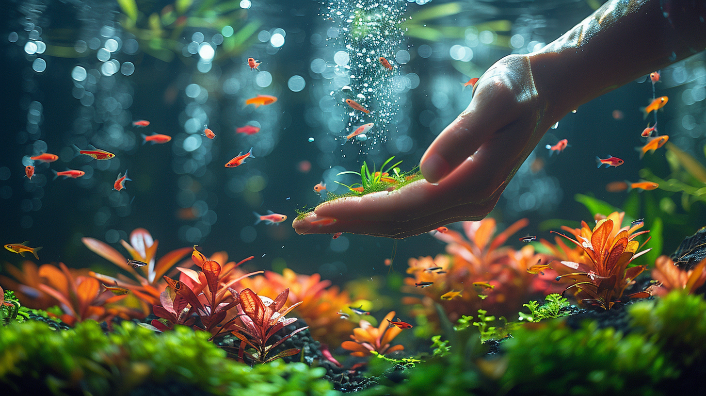 A hand is submerged in a well-lit aquarium, holding a small aquatic plant. The tank, teeming with colorful fish and plants, also shows patches of Black Beard Algae amidst the bubbles rising to the surface.