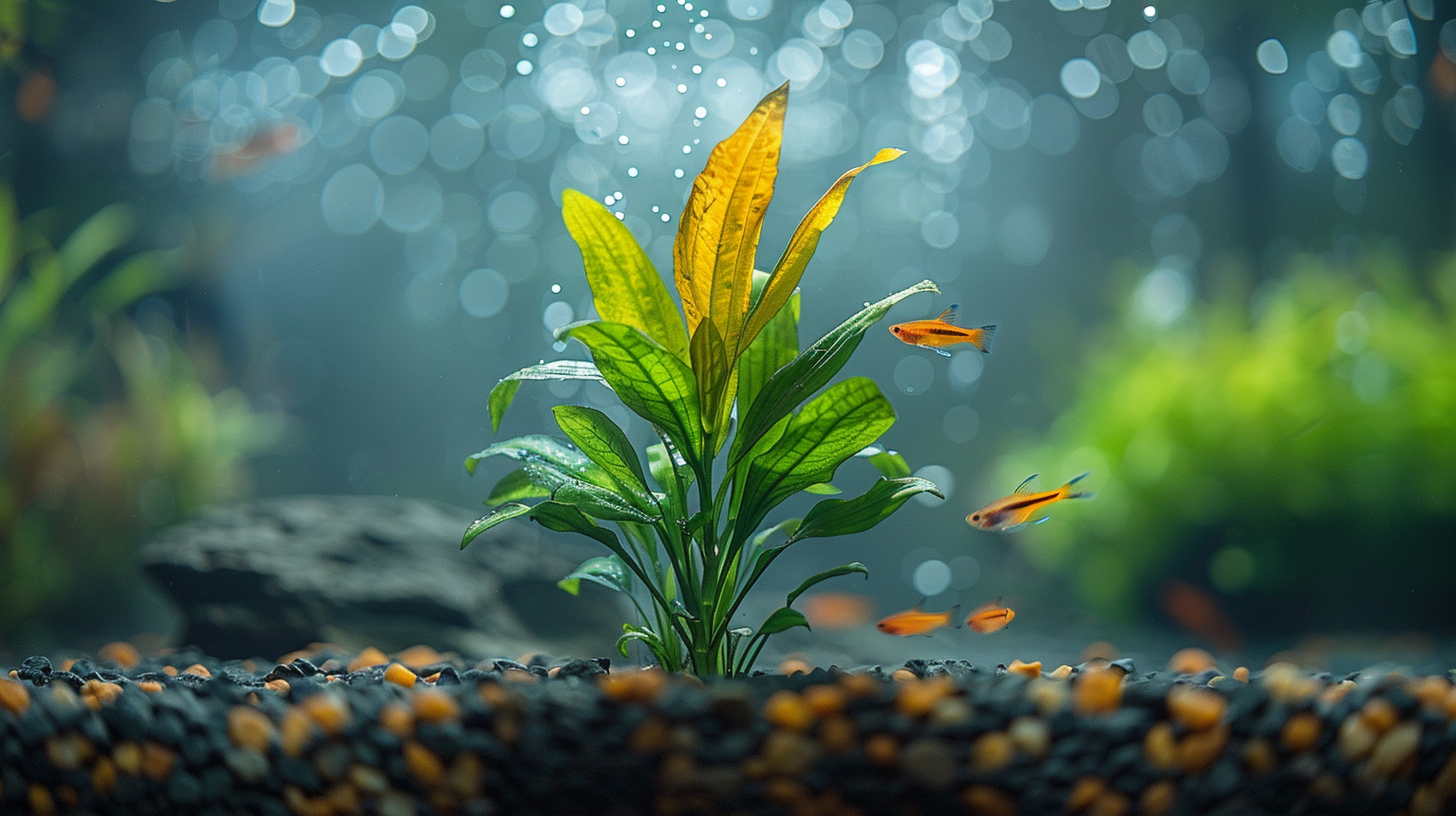 A lush green Amazon Sword plant surrounded by small orange fish in a clear, well-lit aquarium setting with a textured gravel substrate.
