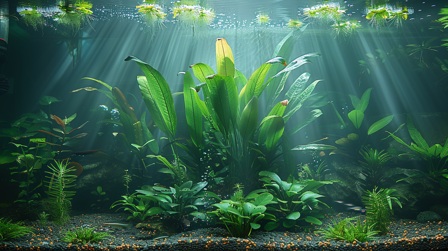 A lush, green underwater scene of an aquarium with various plants and dim light filtering from above, creating a serene atmosphere. Among the greenery, one might wonder: Can Amazon Sword grow out of water?
