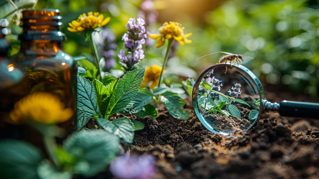 A magnifying glass focuses on a blooming flower in a garden bed, with a bee perched on a leaf. Bright yellow and purple flowers and a brown glass bottle are visible in the background, while tiny bugs that jump dart around the scene.