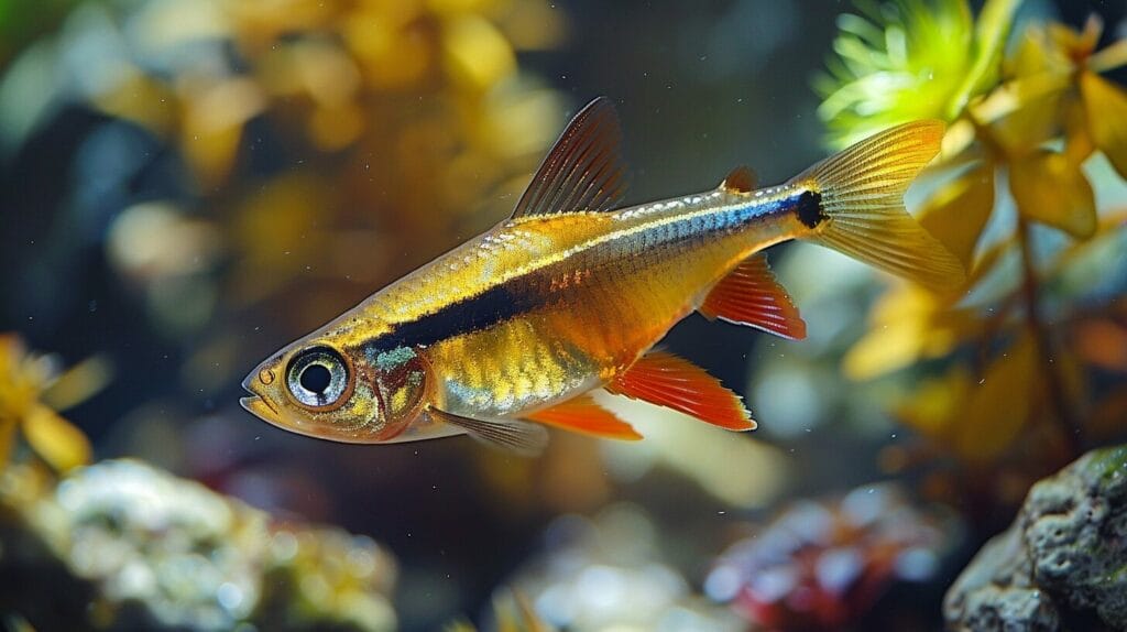 a neon tetra swimming awkwardly