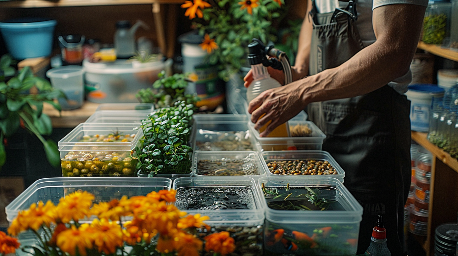 A person in overalls tends to various containers of plants and aquatic setups on a cluttered table, with flowering plants in the foreground and green foliage in the background, while assembling a DIY fish filter.