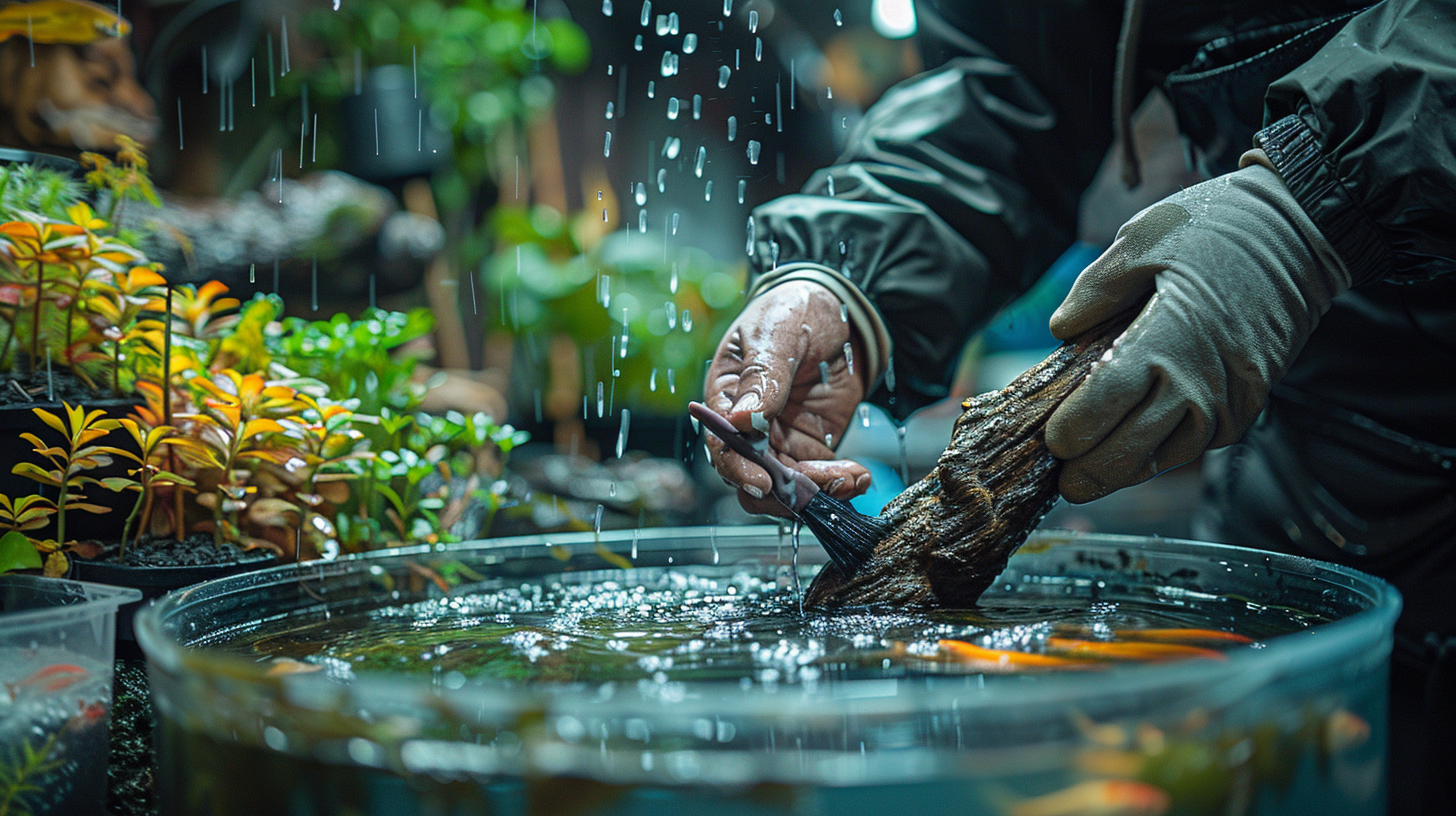 A person is cleaning a piece of wood with a brush in a water-filled container, surrounded by aquatic plants and fish, demonstrating how to cure wood for an aquarium.