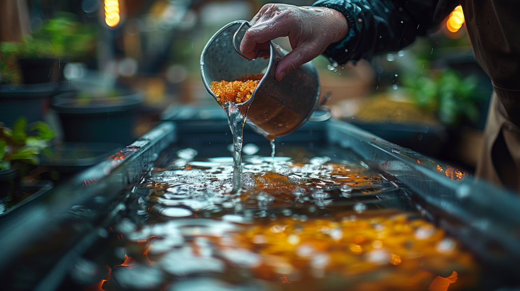A person pours water and orange pebbles from a small bucket into a large container filled with water and orange pebbles, with plants in the background, pondering how many pounds of gravel for a 10 gallon tank.