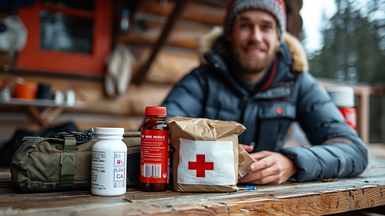 A person sitting at a wooden table with various first aid supplies, including a red cross kit, medication bottles, and a red bottle, in front of a log cabin—emergency preparedness for anything from cuts to even a rare mata mata turtle bite.