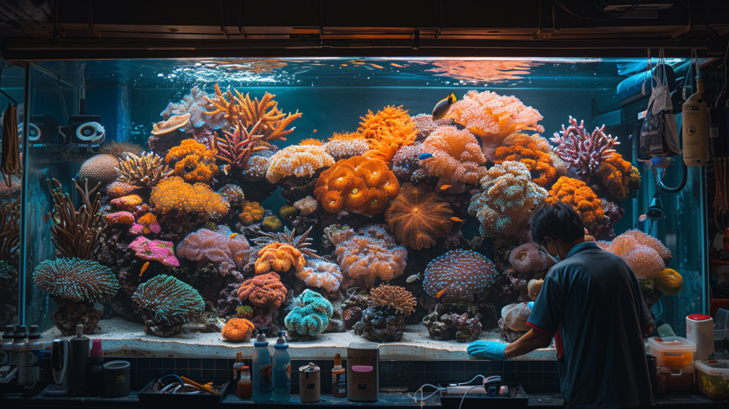A person tends to a large, brightly colored coral reef aquarium filled with various species of coral and aquatic life, all the while pondering how big do Ranchu Goldfish get when placed in an environment like this.