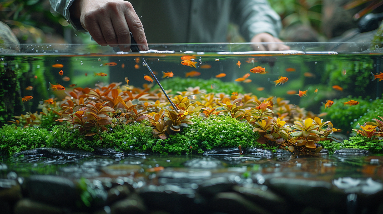 A person tends to aquatic plants in a filterless fish tank filled with green and orange plants and small orange fish, using tweezers.