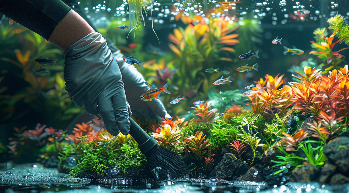 A person wearing gloves uses a brush to clean the decorations inside a lively fish tank with various small fish, plants, and black worms wriggling in the substrate.