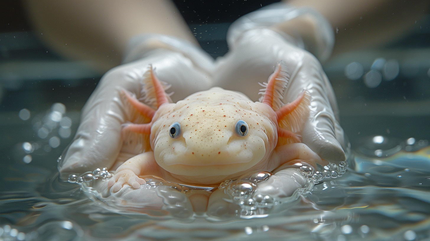 A person wearing white gloves holds a pink axolotl partially submerged in water, with its wide eyes and gills visible. Can you handle axolotls as delicate as this enchanting creature?
