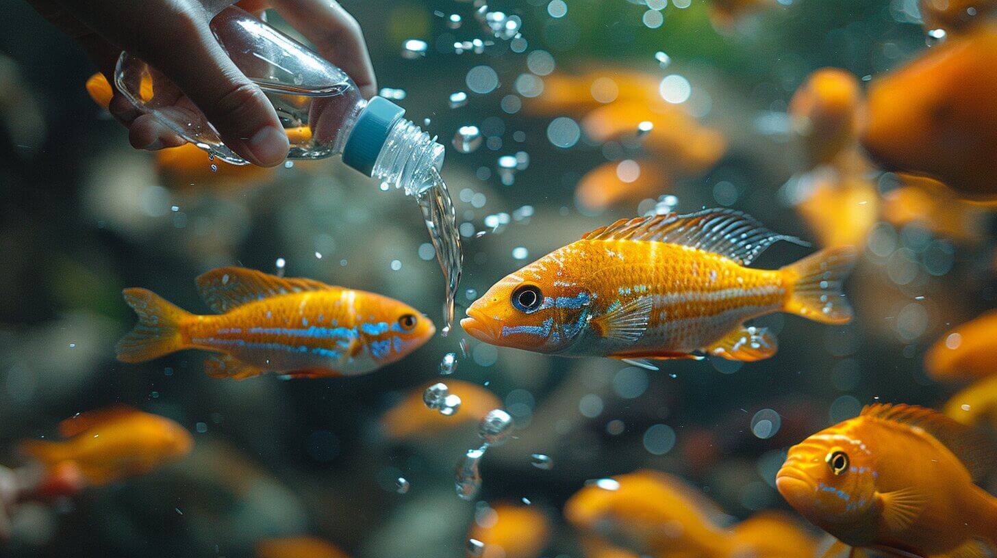 A person's hand holding a bottle, pouring liquid into an aquarium with multiple orange and blue fish swimming around, perhaps wondering if using vinegar will kill algae in the fish tank to keep it clean.