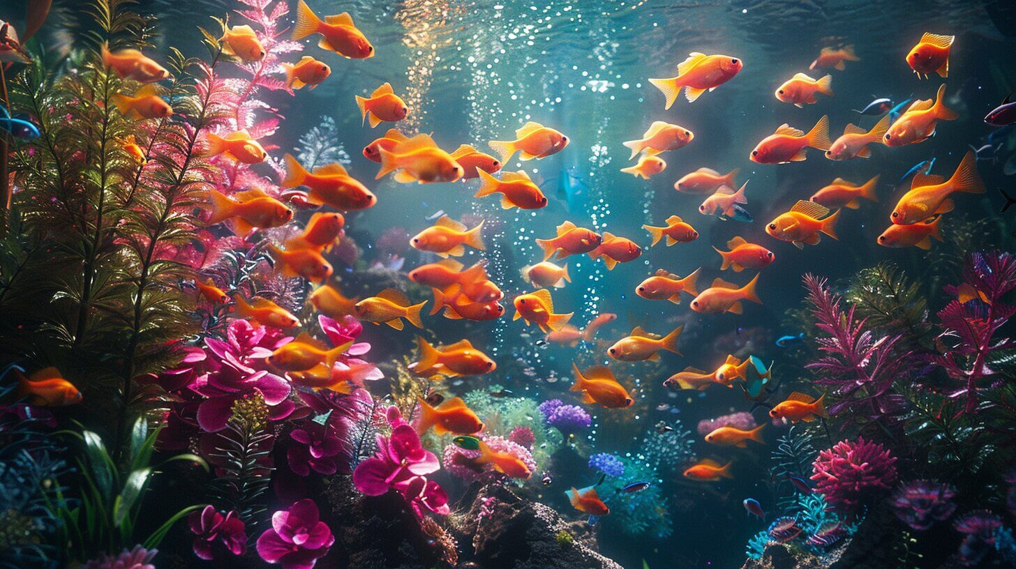 A school of goldfish swims among vibrant aquatic plants in a brightly lit underwater scene, while a large fish for tank glides gracefully nearby.