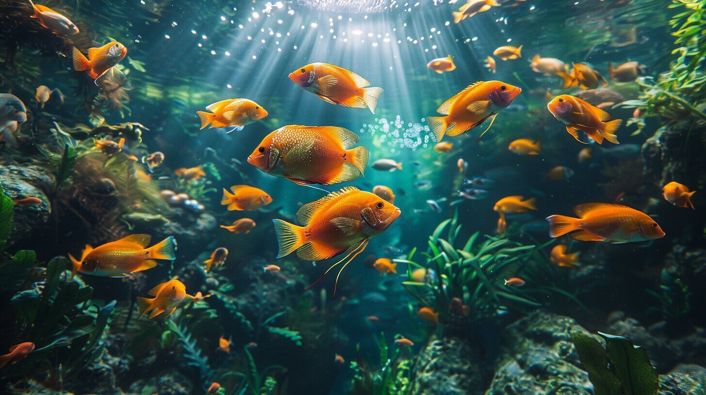 A school of vibrant orange fish swims among green aquatic plants, illuminated by sunlight filtering through the water, perfect companions for those looking to add large fish for their tank.