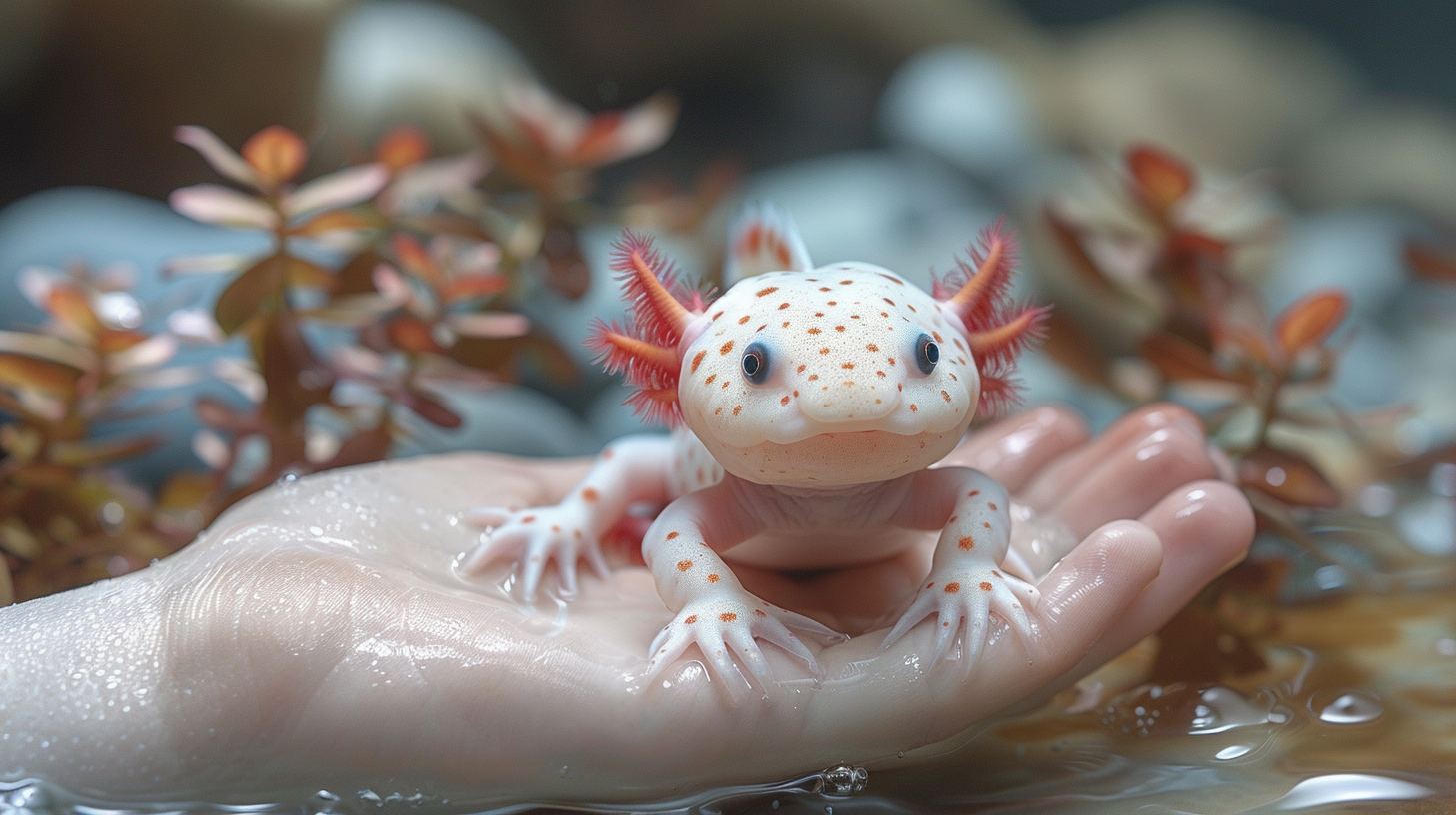 A small white axolotl with orange spots and feathery gills sits on a person's damp hand, framed by aquatic plants in the background. Can you handle axolotls with such delicate charm?