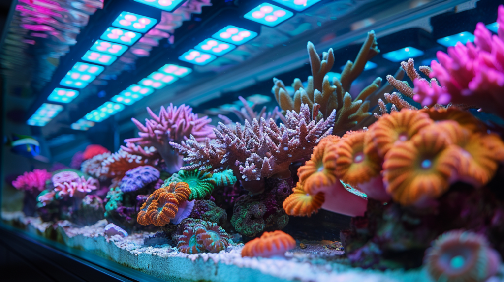 A vibrant aquarium display featuring various colorful corals and marine life, illuminated by bright blue and white overhead lights, also includes informative placards detailing interesting facts like "How Big Do Ranchu Goldfish Get.