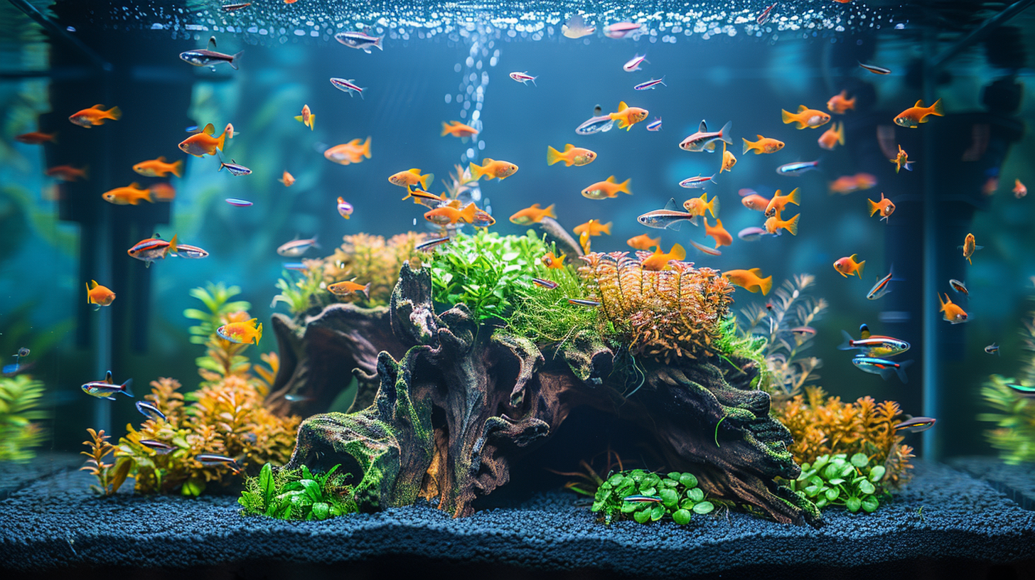 A vibrant aquarium features colorful fish swimming around a large, textured rock adorned with lush green and orange aquatic plants, offering an idyllic setting for learning how to cure wood for aquariums.
