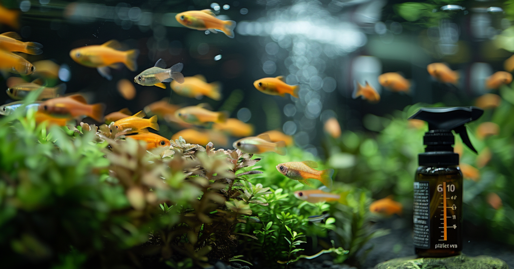 A vibrant aquarium with numerous small orange fish swimming among green plants. On the right side of the image, a black spray bottle with a visible measurement scale stands ready, prompting the question: Will vinegar kill algae in a fish tank?