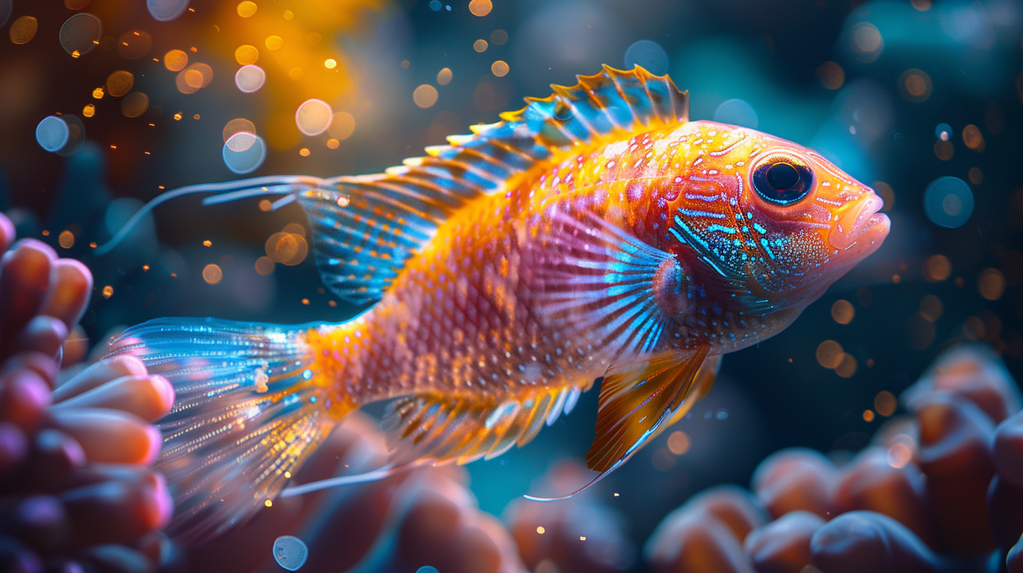 A vibrant, colorful fish with orange and blue markings swims among coral in an underwater scene, illuminated by soft, glowing lights. Watching it glide gracefully makes one marvel at nature's resilience and wonder if fish can regrow fins.