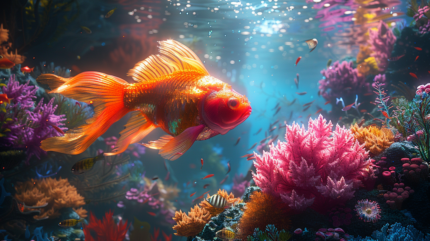 A vibrant goldfish swims among colorful coral and other fish in a brightly lit underwater scene, where one might wonder if fish can regrow fins.